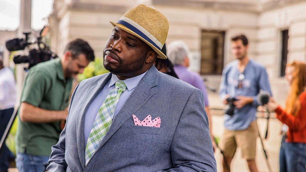 Vauhxx Booker listens during a press conference in Bloomington, Indiana, 2 August 2021