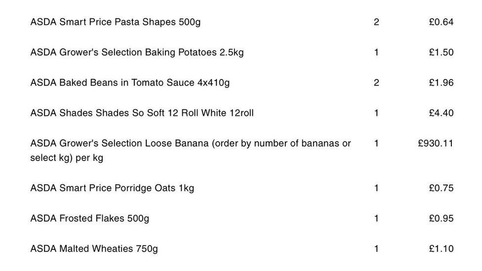 Shopping receipt of bananas costing over £930