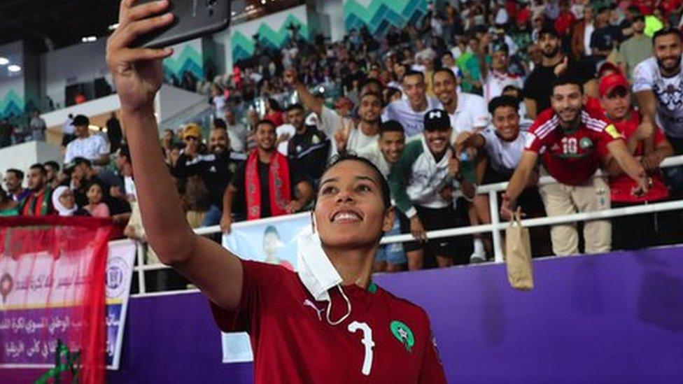 Ghizlane Chebbak celebrates her goal for Morocco against Senegal