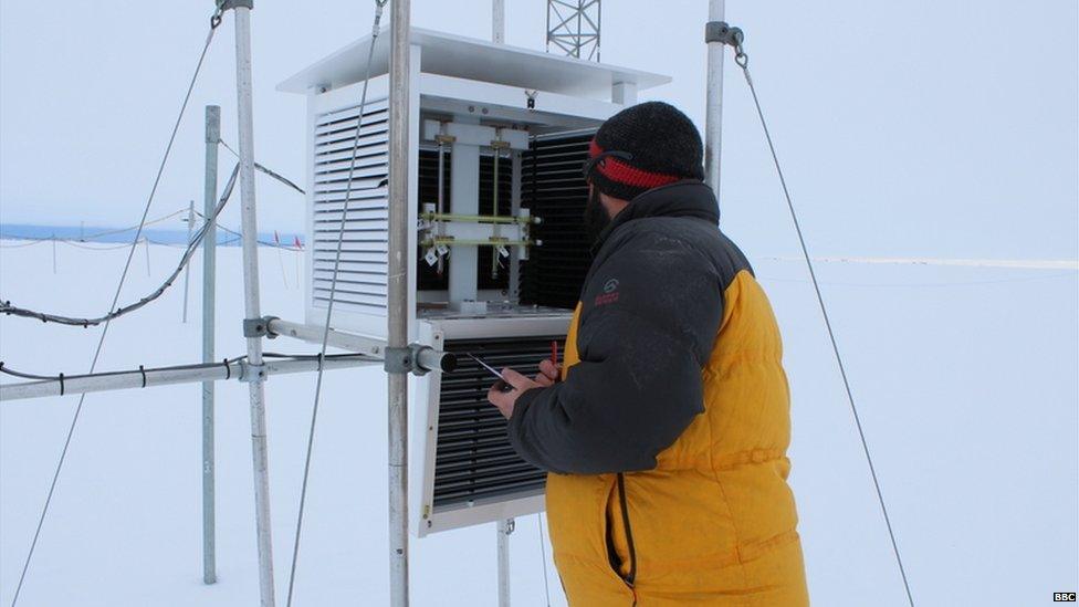 A man in a thick coat and hat looking into a thermometer. Behind is vast white snow and white sky.
