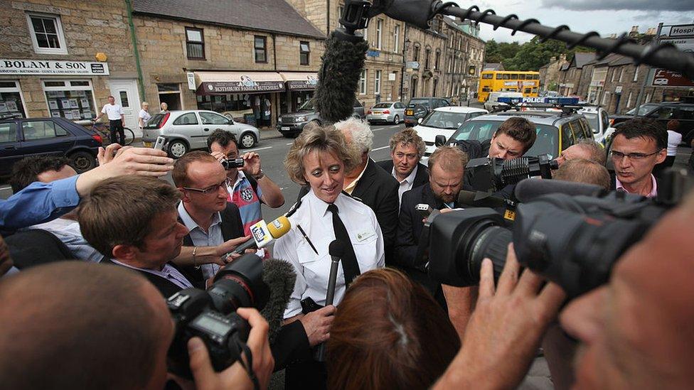 Northumbria Police's acting chief constable Sue Sim addresses media in Rothbury during the hunt for Raoul Moat in 2010