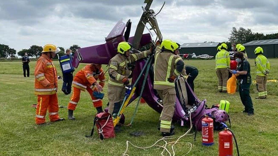 The crashed gyrocopter at Beccles Airfield