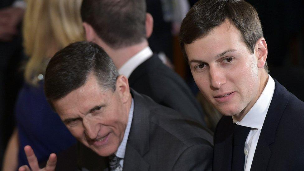 Michael Flynn (L) and Jared Kushner at the White House on 13 February 2017