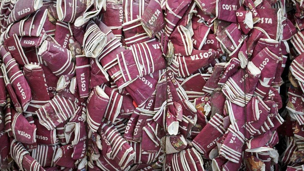 These single-use coffee cups are being recycled at a plant in Cumbria to be turned into packaging