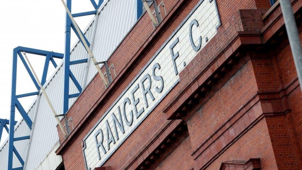 Rangers sign on an exterior wall of Ibrox Stadium,