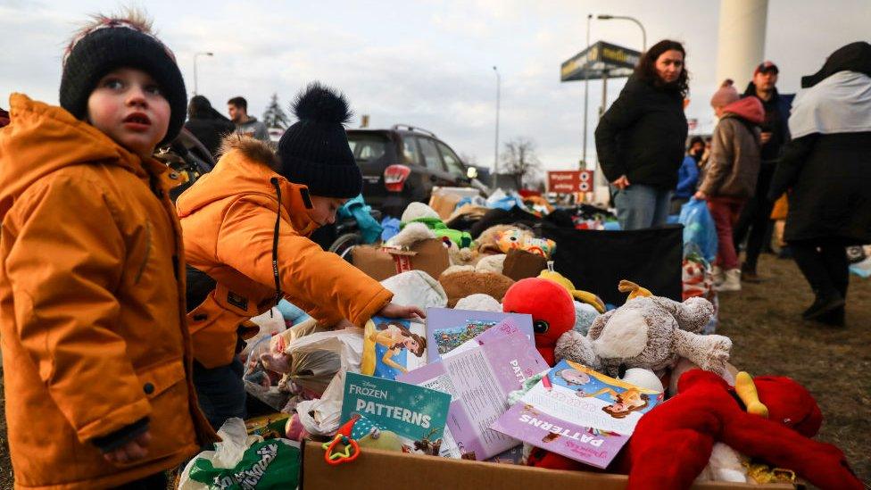 Toys are distributed free for peoplechildren arriving from Ukraine after crossing Ukrainian-Polish border in Medyka. Przemysl, Poland