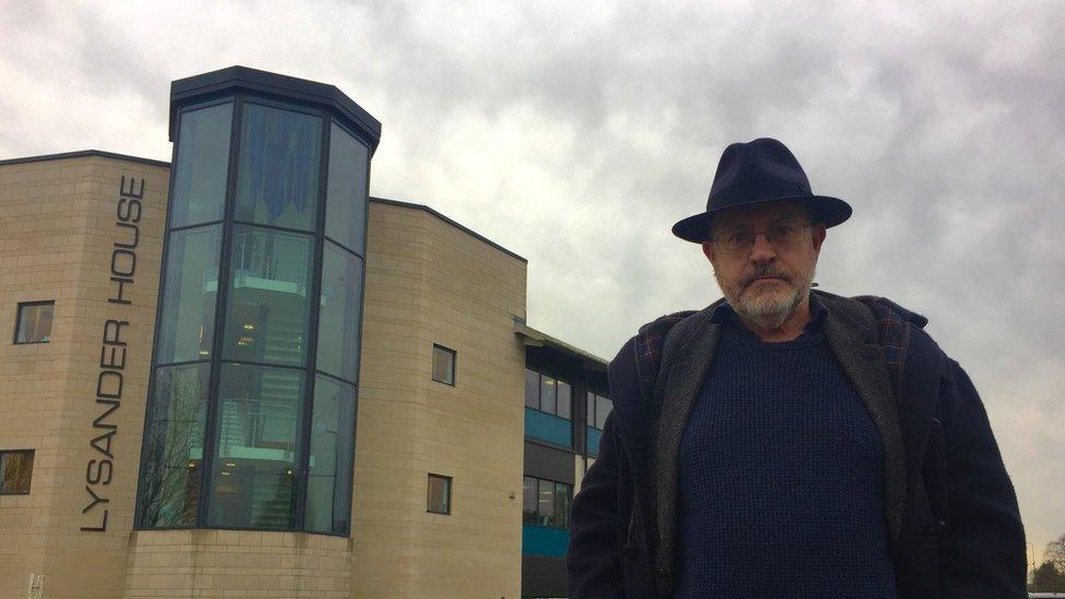 Newsnight's John Sweeney outside Catbrain Lane office