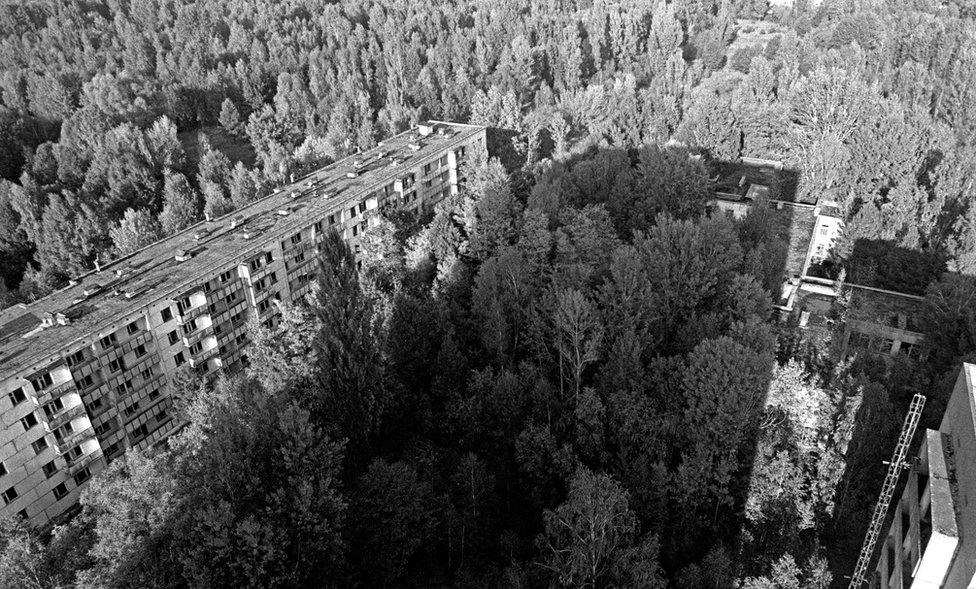 The view from the 15th floor of a block of flats in Pripyat