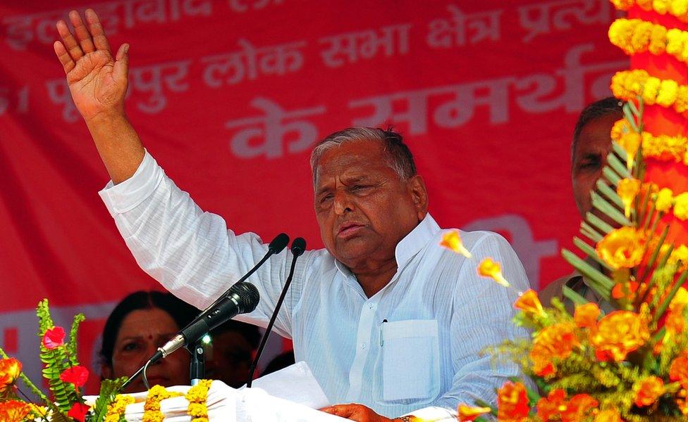 Indian Samajwadi Party President Mulayam Singh Yadav addresses an election campaign rally in support of local candidates at KP Ground in Allahabad on May 3, 2014.