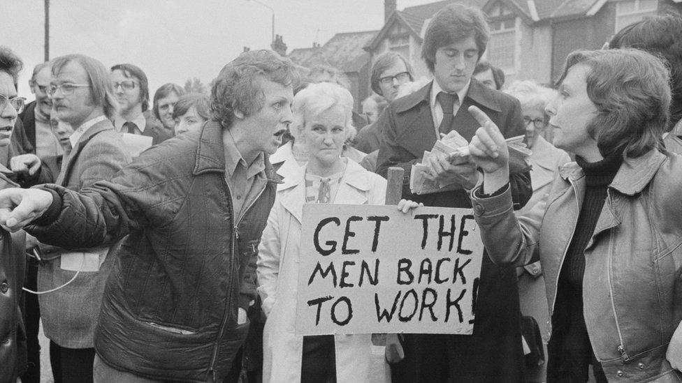 A clash between the wives of Chrysler's striking workers in 1975 with one group demanding that men go back to work and others supporting it