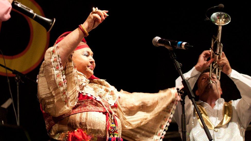 The Macedonian Esma Redzepova Band, typical Balkan music group, perform on stage at Womad Multicultural Festival in Spain in 2012