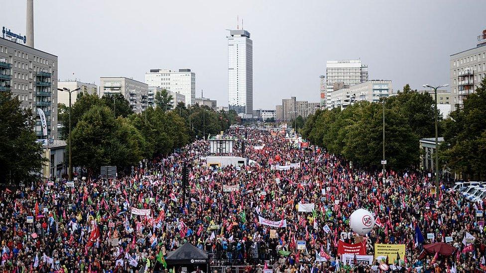 Protesters gather to demonstrate against the TTIP and CETA free trade agreements on 17 September 2016 in Berlin, Germany