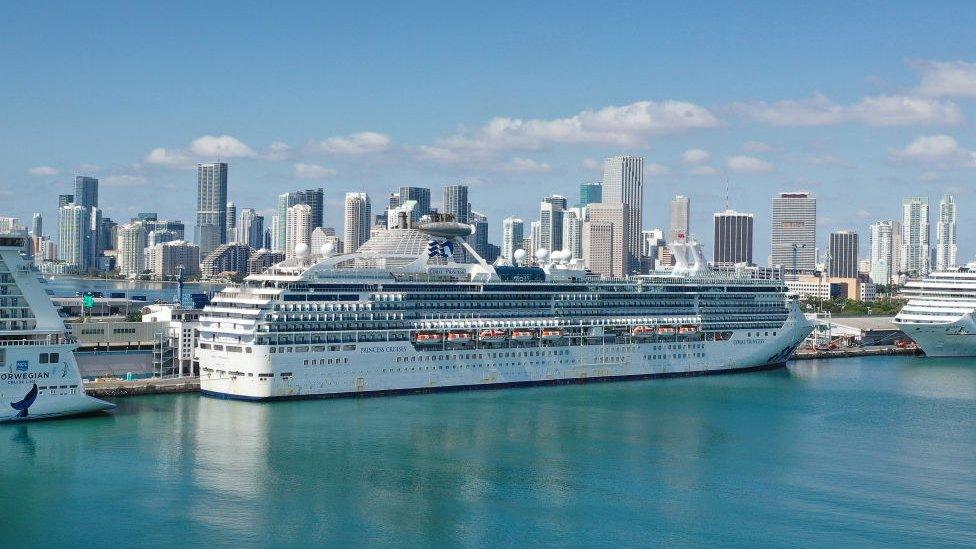 An aerial view from a drone shows the cruise ship Coral Princess after it docked at Port Miami on April 04, 2020 in Miami, Florida.