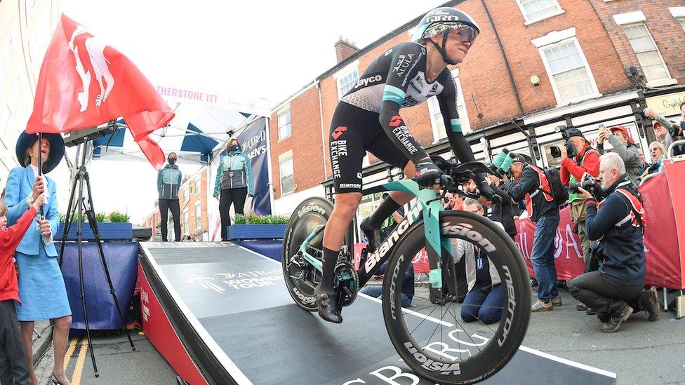 Team BikeExchange's Jessica Allen rolls off the start ramp.