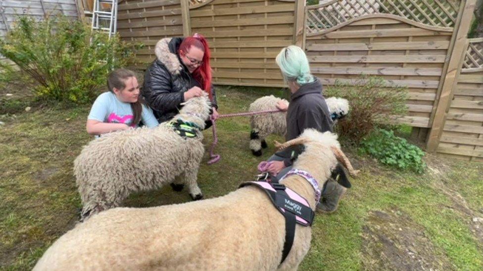 Emily and mum with sheep