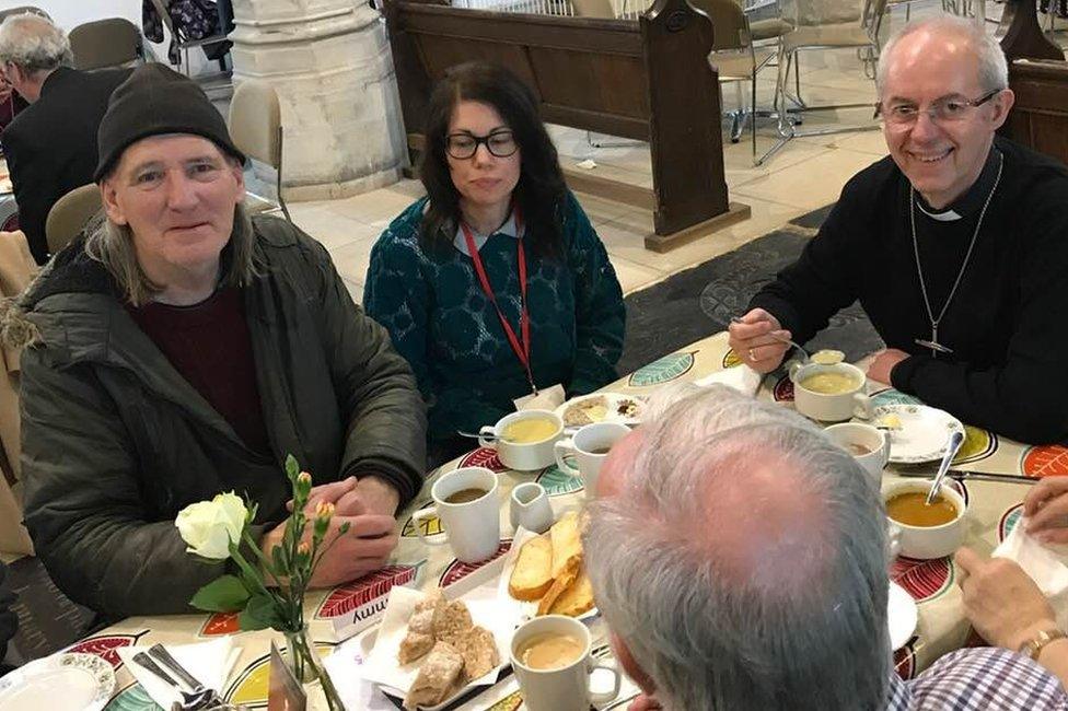 The Archbishop of Canterbury sat down to eat with some staff and users of the church