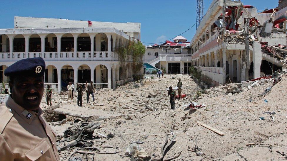 Damage outside the the Somali Youth League (SYL) Hotel in Mogadishu, Somalia