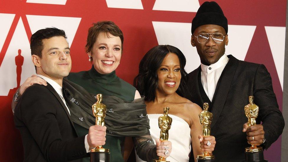 (left to right) Rami Malek, Olivia Coleman, Regina King and Mahershala Ali