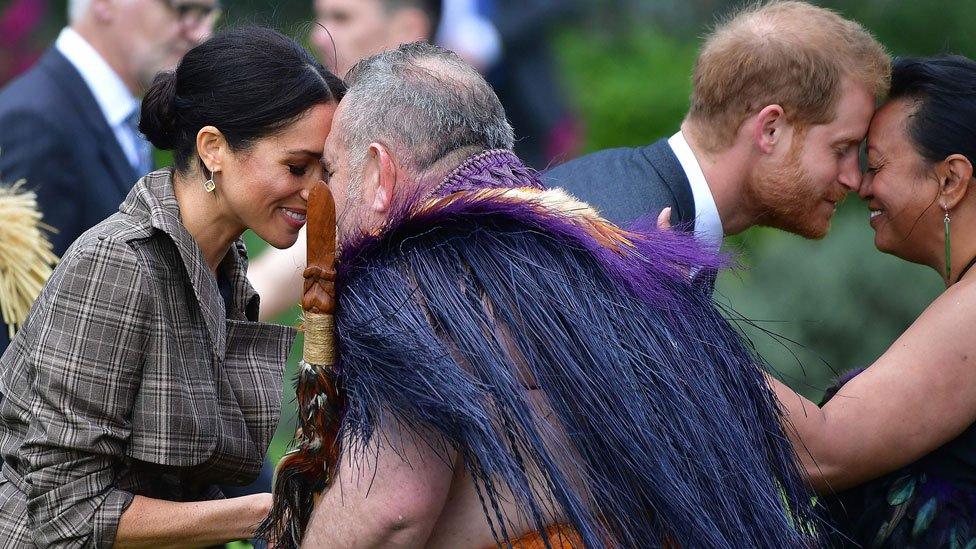 The Duke and Duchess of Sussex being given a traditional Maori welcome