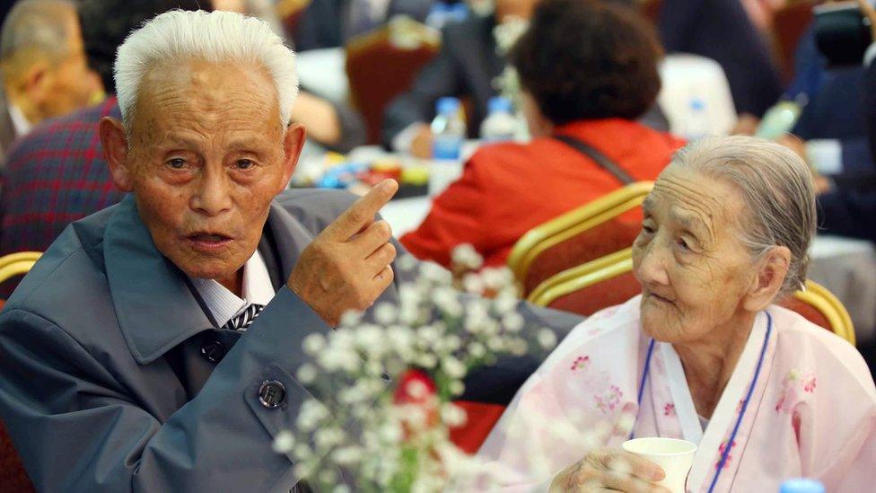 South Korean Gwon O-Hui (R), 92, meets with her North Korean relative Ri Han-Sik (L), 87, during a separated family reunion meeting at the Mount Kumgang resort on the North"s southeastern coast on October 20, 2015.