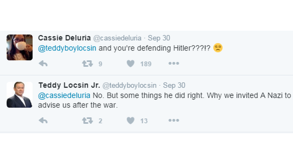 "But some things he did right," said Mr Locsin in response to a user who asked who he was defending Hitler