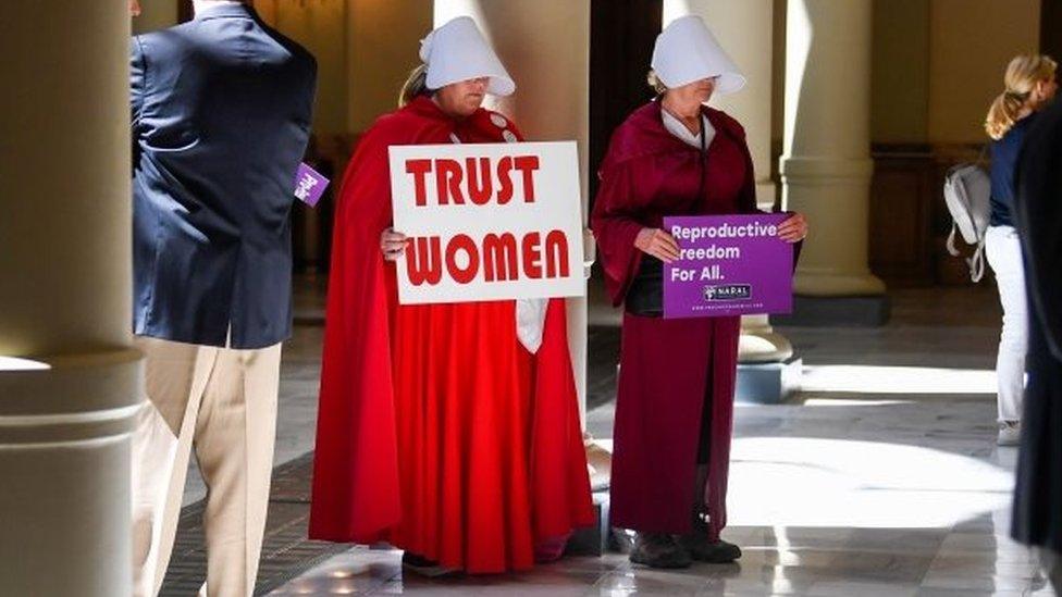 Protestors in Handmaid's Tael costumes