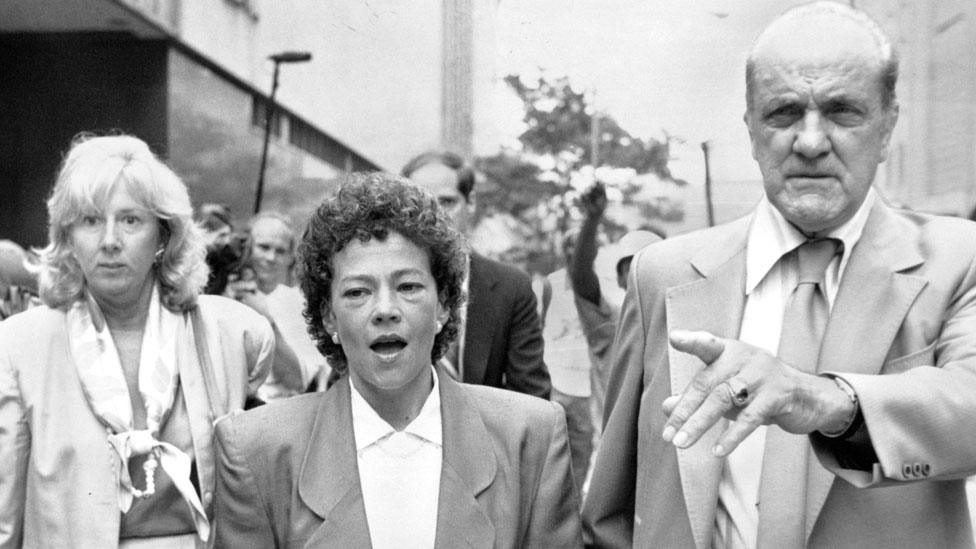 Prosecutors Linda Fairstein (L) and Elizabeth Lederer leaving court in 1990