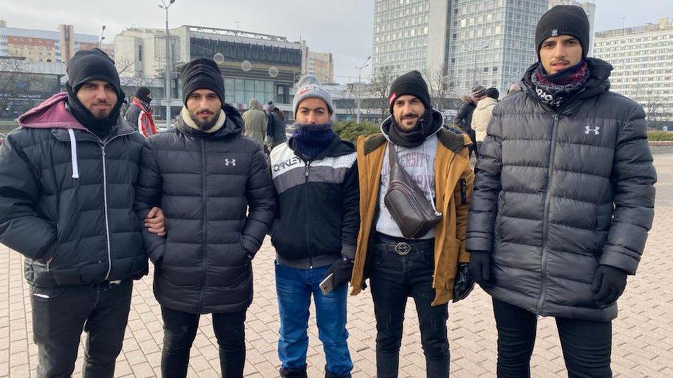 A group of migrants gathered in Minsk city centre