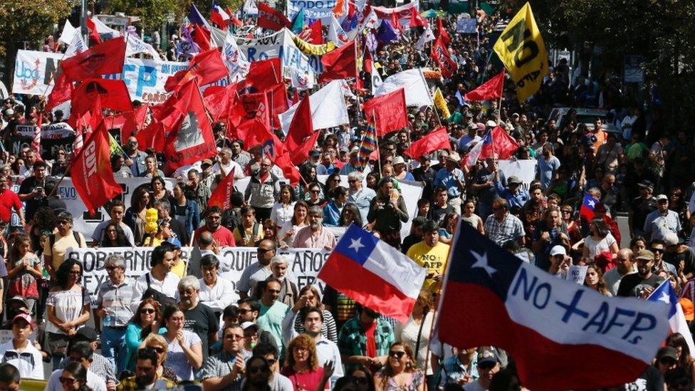 Demonstrators take part in a protest against national pension system in Valparaiso, Chile, March 26