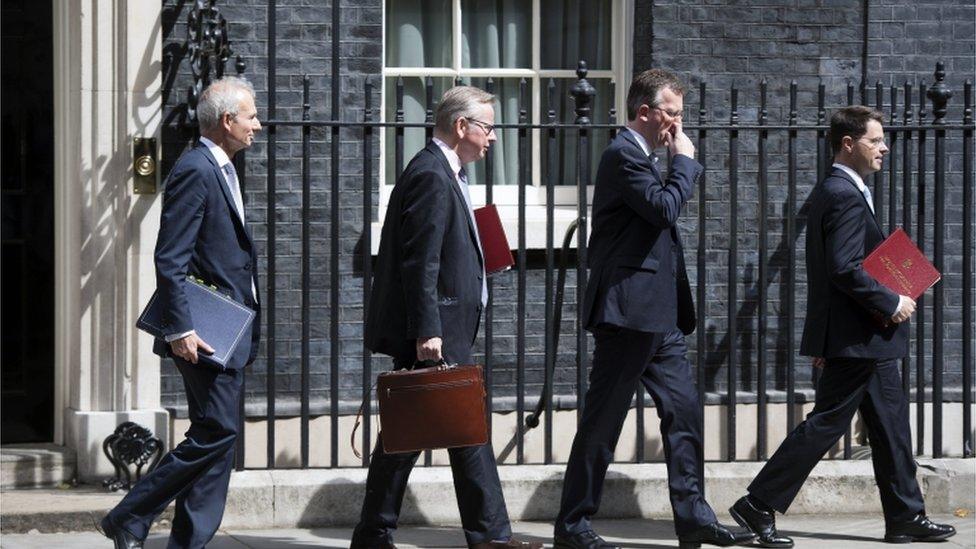 Michael Gove leaves Downing Street with fellow ministers David Lidington, James Brokenshire and attorney general Jeremy Wright