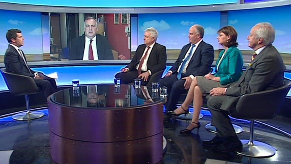 Party leaders on Sunday Politics: Mark Williams, on screen, Carwyn Jones, Andrew RT Davies, Leanne Wood, Neil Hamilton, and presenter Arwyn Jones