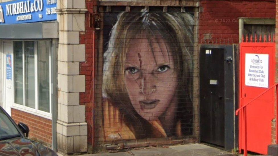 Mural of Uma Thurman in Burnage