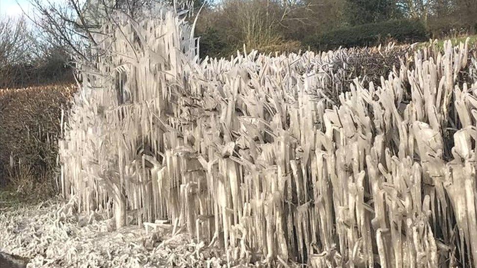 Ice formations near Llong on the way to Mold on a roadside