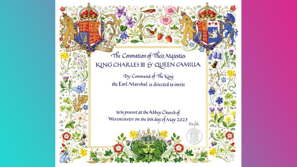 The invitation reads: The Coronation of Their Majesties King Charles III and Queen Camilla. By command of the King the Earl Marshal is directed to invite... to be present at the Abbey church of Westminster of the 6th day of May 2023