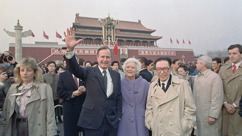 George HW Bush wife Barbara in Tiananmen Square in Beijing during a visit to China in 1989