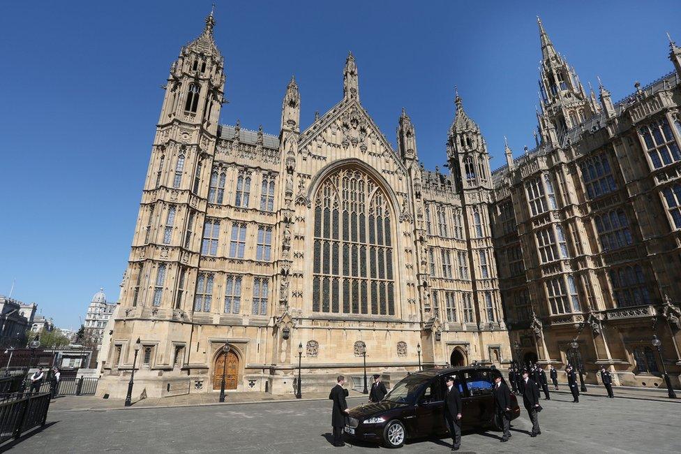 PC Palmer's coffin arrives at the Chapel of St Mary Undercroft in the Palace of Westminster