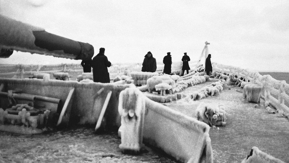 Ice on a British cruiser during escort duty on the northern convoy route to Russia during World War Two