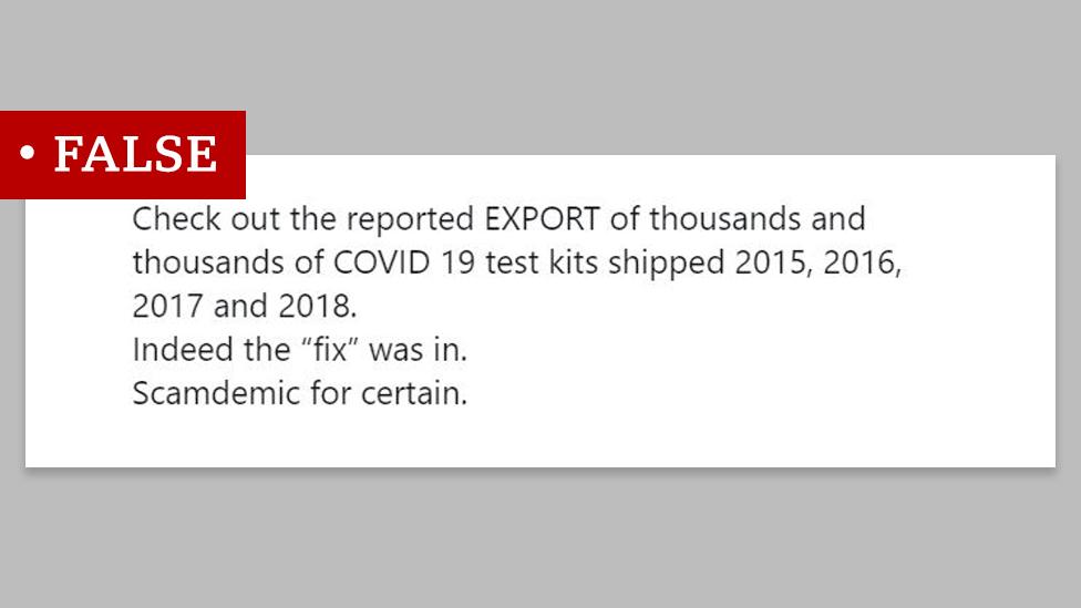 Screenshot of a tweet that says: "Check out the reported EXPORT of thousands and thousands of COVID 19 test kits shipped 2015, 2016, 2017 and 2018." We labelled "false"