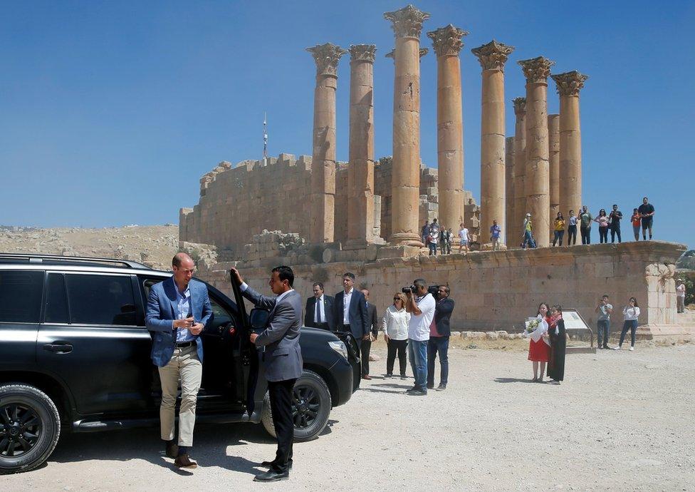 Prince William arrives at the ancient city of Jerash, Jordan