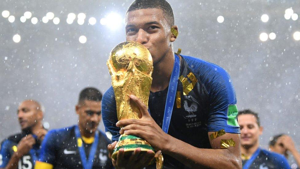 Kylian Mbappe celebrates winning 2018 World Cup