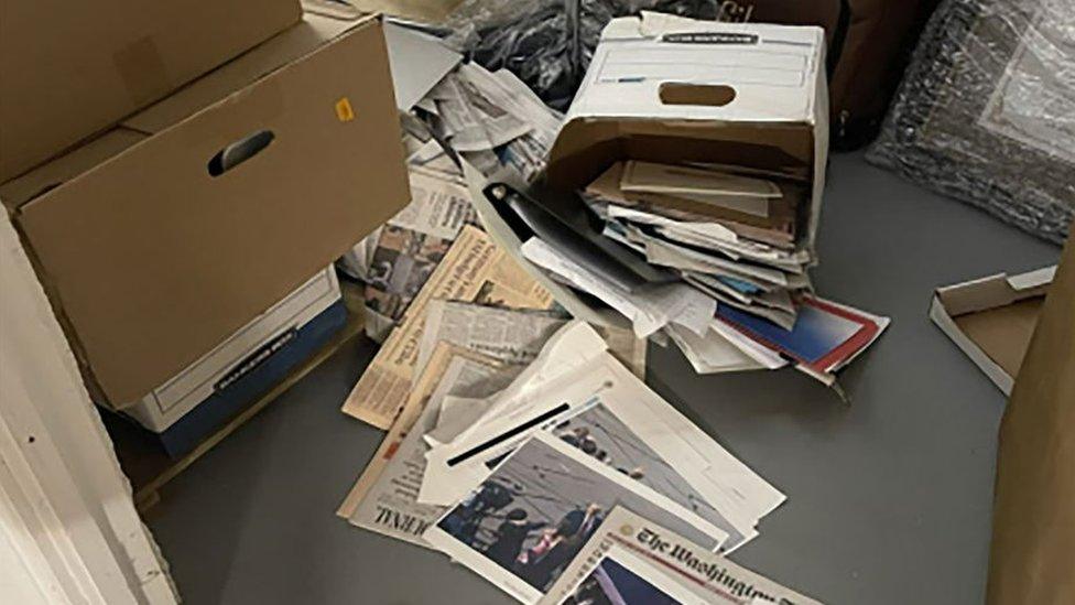 Handout photo of boxes of classified documents in Donald Trump's Mar-a-Lago resort