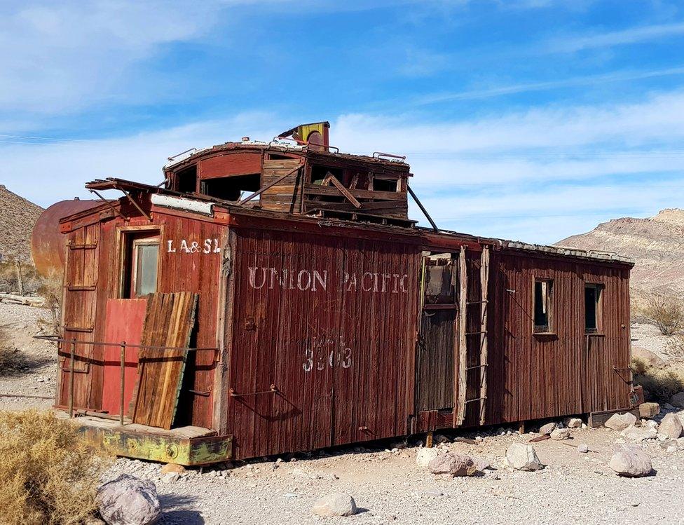 An abandoned union pacific train car