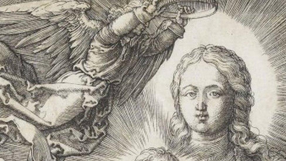 This undated handout made available by Staatsgalerie Stuttgart shows the copperplate print "Maria, crowned by an angel"