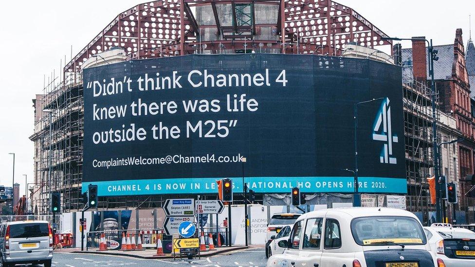 Banner outside Channel 4's new HQ in Leeds