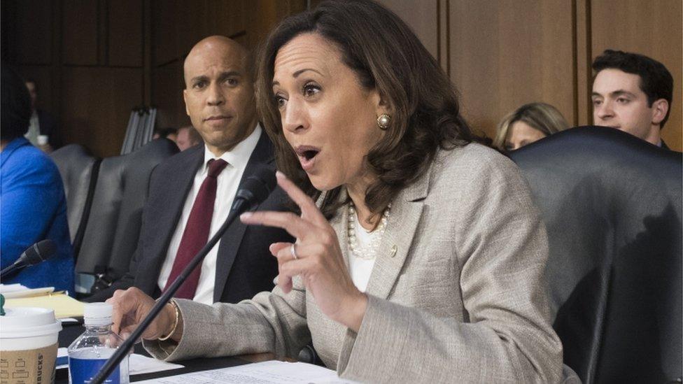 Democratic Senators Kamala Harris and Cory Booker question Kavanaugh