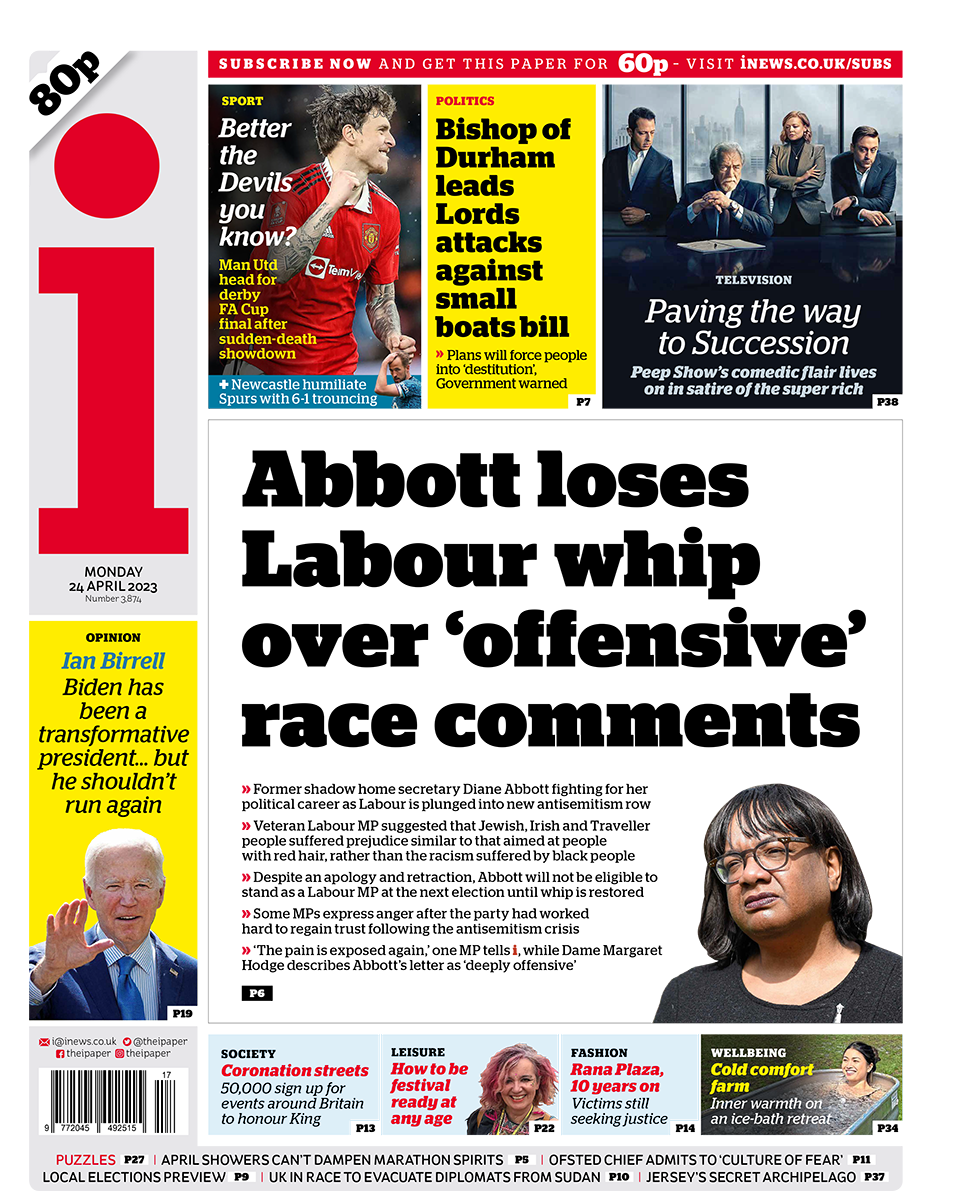 The headline in the i Newspaper reads 'Abbott loses Labour whip over offensive race comments'