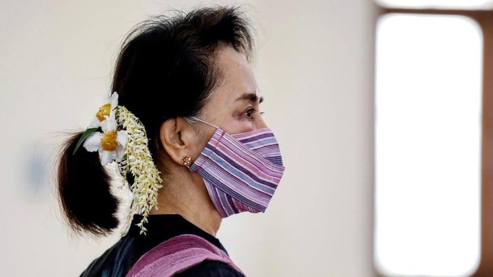 Aung San Suu Kyi at a coronavirus vaccination clinic in January, Naypyitaw, Myanmar