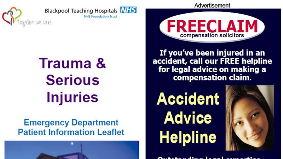 Blackpool Teaching Hospitals NHS Foundation leaflet showing a Freeclaim advert