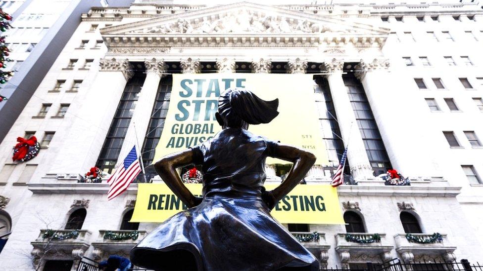 A view of the Fearless Girl statue following the unveiling of the statue's new location in front of the New York Stock Exchange on 10 December 2018