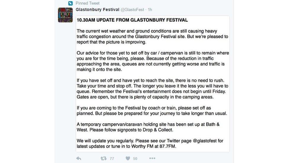 The tweet sent out by Glastonbury Festival.